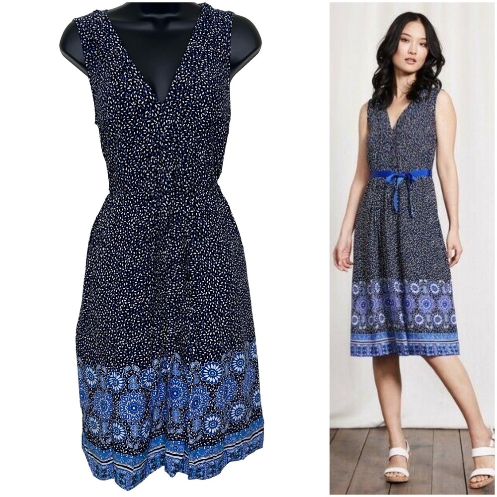 Boden‎ V-Neck Sleeveless Dress Womens 6R Navy Blue White Polka Dot Floral